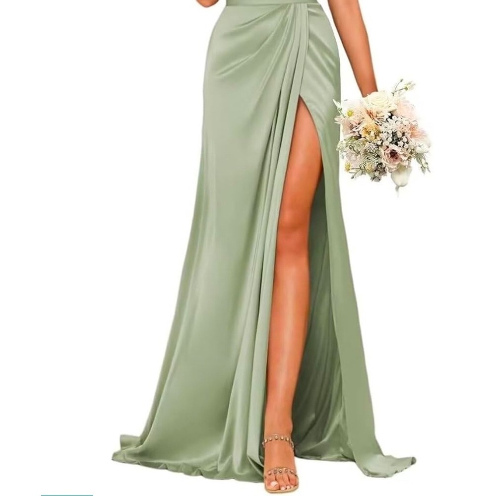 Azazie Johana Maxi Dress Dusty Sage Green Satin Cowl Neck High Slit Size A8 NEW